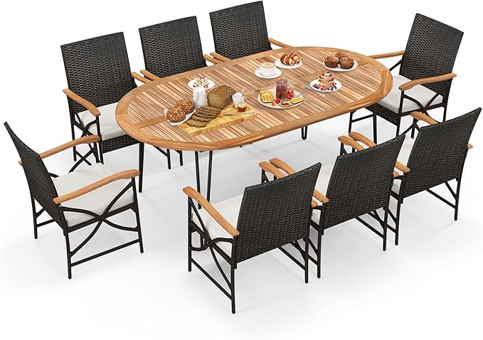 Tangkula 9 Pieces Patio Rattan Dining Set, Outdoor Oval Acacia Wood Dining Table and 8 Patio Wicker Armchairs Set with Umbrella Hole, Cushions, Metal Frame, Outdoor Dining Furniture Set for Garden