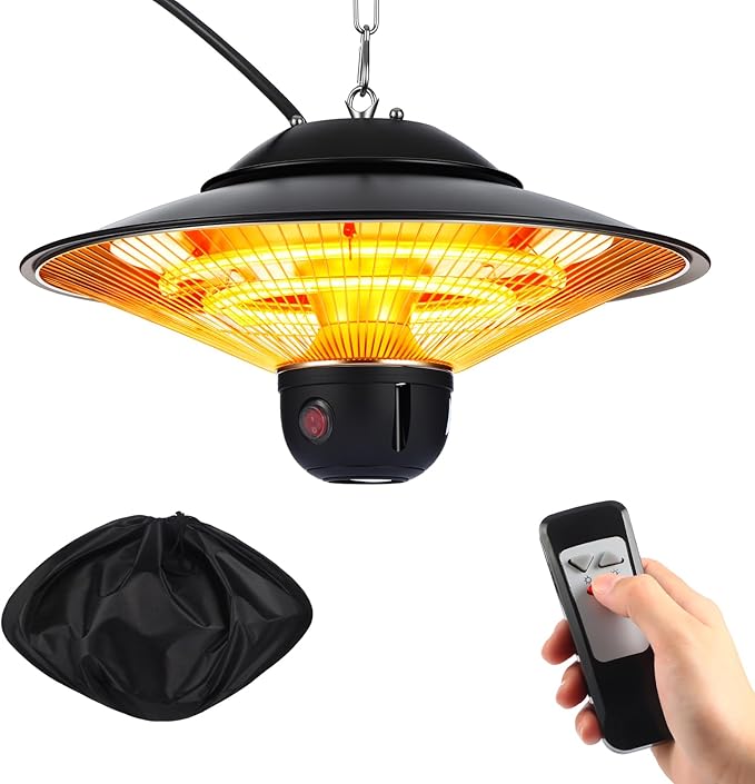 Glooglitter 1500w Ceiling Mounted Outdoor Heaters Electric Hanging Infrared Patio Heater with Remote Control, Dust Cover and Adjustable Chain, 3 Adjustable Modes for Garage, Gazebo, Balcony, Courtyard