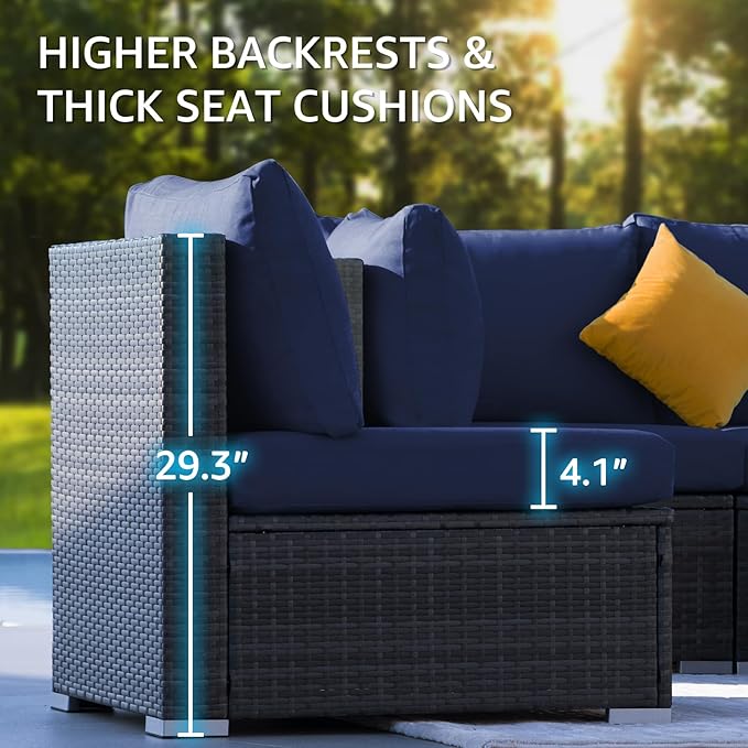 NICESOUL 11-Piece Patio Furniture with Chaise Lounge, Modern Wicker Outdoor Sectional with Fire Pit, Comfortable 29.3'' High-Back Conversation Seating, Heavy Duty All-Weather Couch Set, Grey & Blue