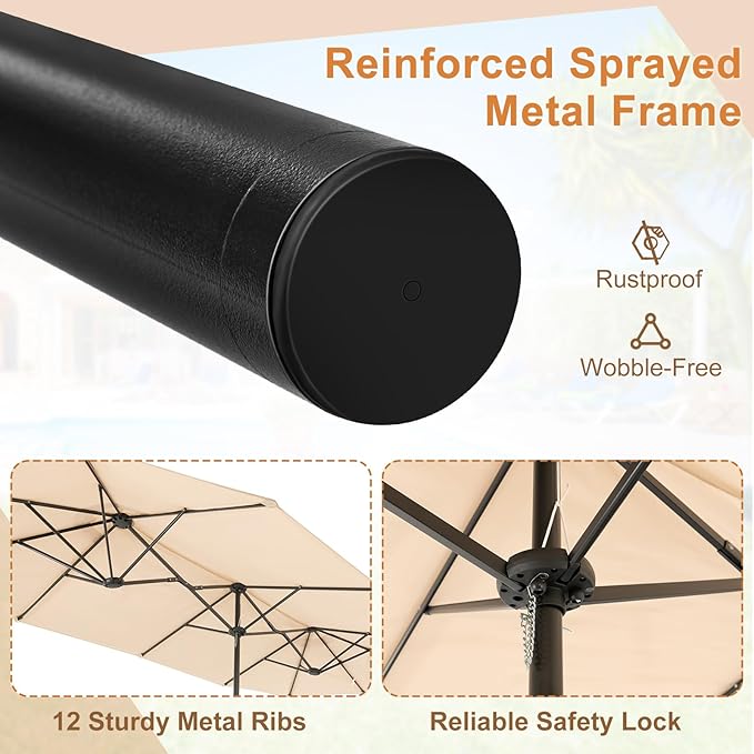 Giantex Patio Umbrella with Base, Double-Sided Outdoor Umbrella with Crank Handle, Umbrella Base Stand with 2 Sandbags, 12 Metal Ribs, Market Umbrellas for Garden Poolside Deck