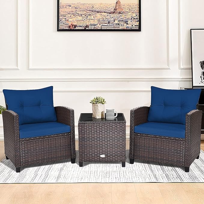 3-Piece Wicker Patio Furniture Set, Outdoor Sofa Set with Water-Resistant Cushion & Tempered Glass Table, Modern Navy Blue Patio Set