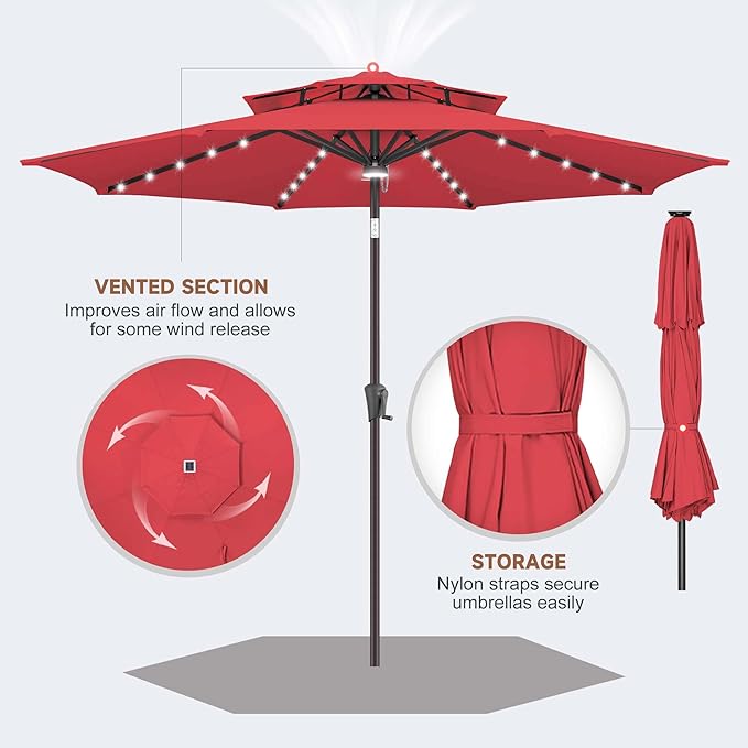 Jarka&Co 9ft Solar Patio Umbrella - 2 Tiers Solar Outdoor Umbrella with 40 LED Lights Waterprool UV Protection, Market Table Umbrella with Tilt for Backyard, Garden, Pool, Porch (Red)