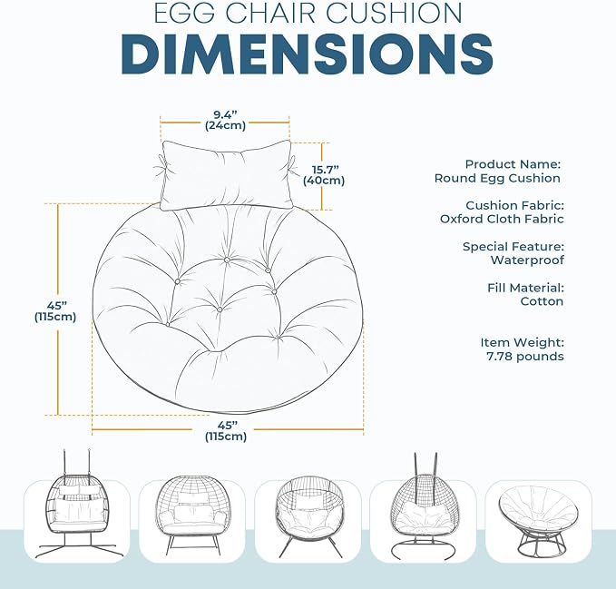 Outdoor 45" Round Egg Chair Cushion Replacement Waterproof Grey | Thicken Pad with Headrest Pillow, Hanging Swing Wicker Egg Chair Cushions, Suitable for Garden Office