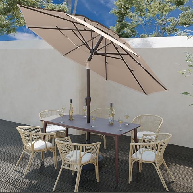 10FT Patio Umbrella 3 Tiers Outdoor Market Umbrella w/Push Button Tilt, Crank, UV and Waterproof Table Umbrella for Garden, Pool, Backyard, Deck, Lawn, Beige