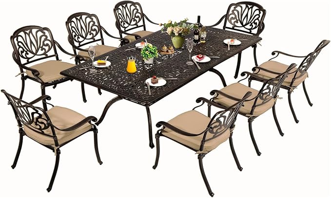 TITIMO 9-Piece Cast Aluminum Patio Furniture Set, Outdoor Patio Dining Set Bistro Conversation Set, Rectangular Dining Table Set w/Cushions Umbrella Hole (Khaki-Fixed Elizabeth Chair, 9 Pcs)