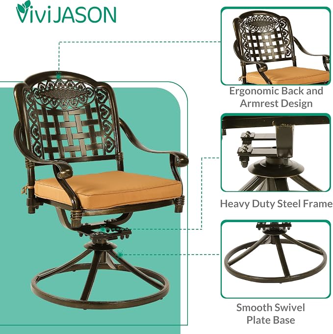 VIVIJASON 5-Piece Outdoor Patio Dining Set, All-Weather Cast Aluminum Conversation Set, Patio Furniture Set for Balcony Lawn Garden, Include 4 Swivel Cushioned Chairs, 1 Round Table w/Umbrella Hole