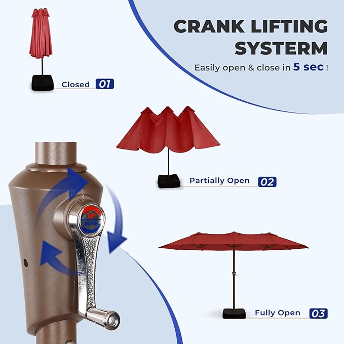 BRIOPAWS 15-FT-Large-Patio-Umbrella-with-Base | Double-Sided | Outdoor Table Umbrellas | w/Crank Handle | 12 Sturdy Fiberglass Rib | UV-Protection | for Garden Deck Backyard Pool | Red