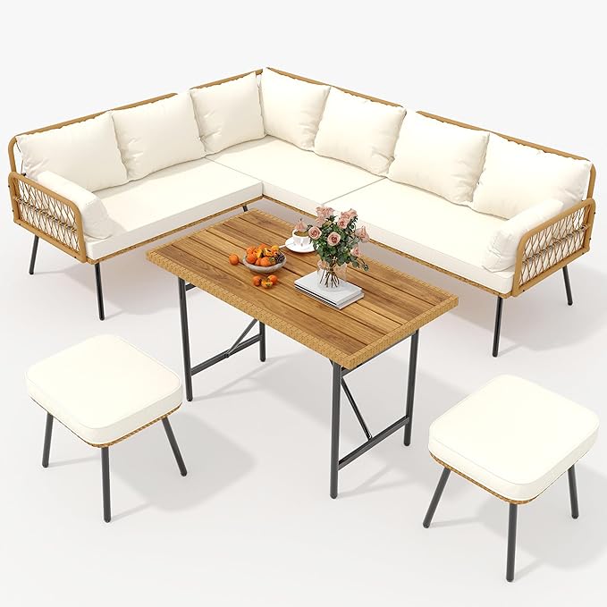 GarveeLife 6 Pieces Patio Furniture Sets Wicker Outdoor Sectional L-Shaped with Cushions & Wood Dining Table and Chairs Set, Boho Rattan 8 Seater Conversation Sets for Balcony, Backyard, Beige