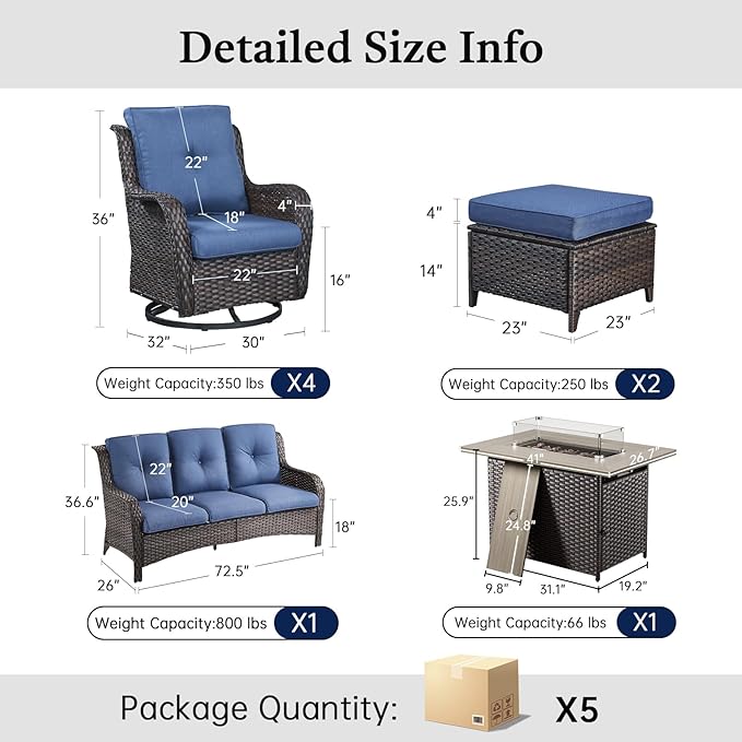 8 Piece Patio Furniture Set with 41" Fire Pit Table - Patio Conversation Set with 4 Inch Thick Cushions and Deep Seating Swivel Glider Chairs Set of 4 & Outdoor Couch for Porch Deck Yard Pool