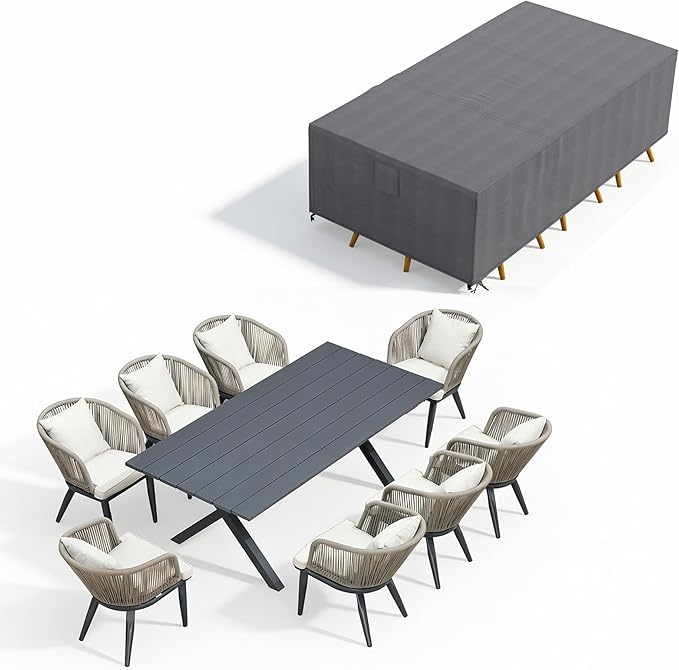 PURPLE LEAF 9 Pieces Patio Dining Set with Waterproof Furniture Cover Rectangular Table and Chairs Set for Garden Deck Aluminum Frame Backyard Kitchen Set, Cushions and Pillows Included Taupe