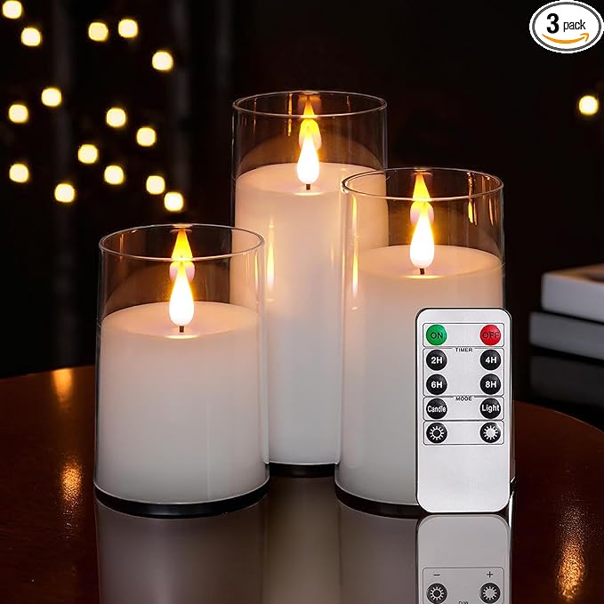 NICEME Flickering Flameless Candles with Remote Control Timer Unbreakable Acrylic Battery Operated LED Candles with Flickering Flame 3D Wick for Romantic Ambience Home Decor Set of 3, D3” xH4” 5” 6”