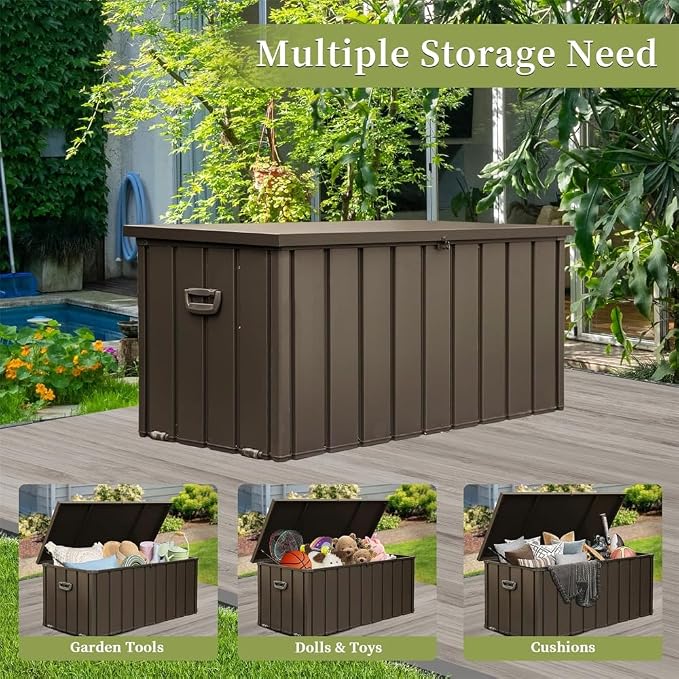 160 Gallon Waterproof Outdoor Deck Box Storage Chest in Dark Gray, Large Capacity Patio Storage for Garden Tools, Cushions, and More (100 Gallon (Dark Brown))
