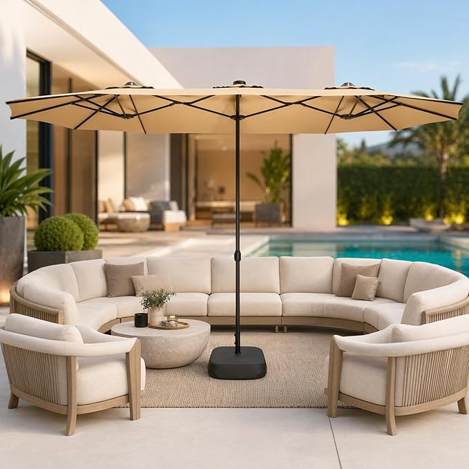 15FT Rectangular Twin Patio Umbrella with Base Included, Double-Sided Outdoor Sun Shade with Crank Lift for Backyard, Deck & Lawn, Khaki