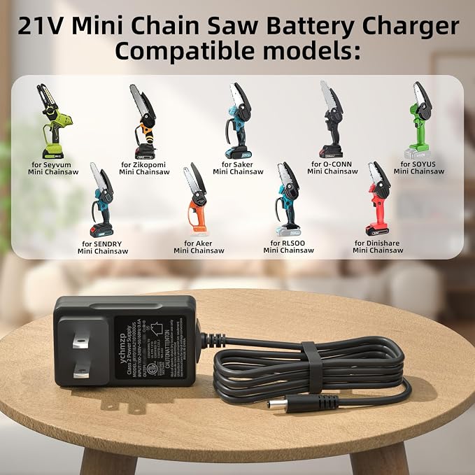 21V Mini Chainsaw Battery Charger，Lithium Battery Charger Compatible with Aker/Saker/Seyvum/O-Conn Mini Chainsaw Replace the power cord