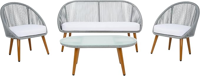 SAFAVIEH Outdoor Collection Halcott Grey/White Wicker 4-Piece Conversation Patio Set
