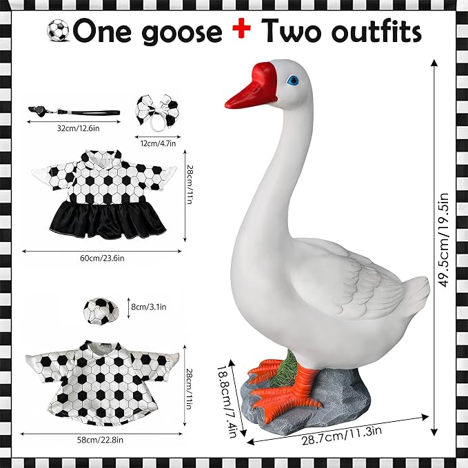 20" Large Porch Goose Statue + 2 Set Soccer Goose Outfits, Outdoor Statue, Football Match Decorations, Weather Resistant Yard Decor for World Cup Game Day Decor, Soccer Fan Gift