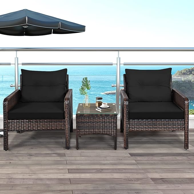 ORALNER 3-Piece Patio Conversation Set, All-Weather Wicker Sofa Chair and Coffee Table Set with Thick Cushions, Outdoor Furniture, Rattan Bistro Set for Balcony Deck Porch Poolside Garden (Black)