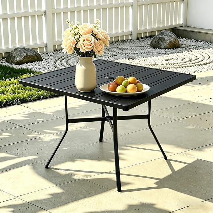 4-Seat Small Metal Square Outdoor Table with Umbrella Hole, Weather-Resistant Black Patio Dining Table for Backyard, Compact Sturdy Table with Slatted Top for Porch & Poolside