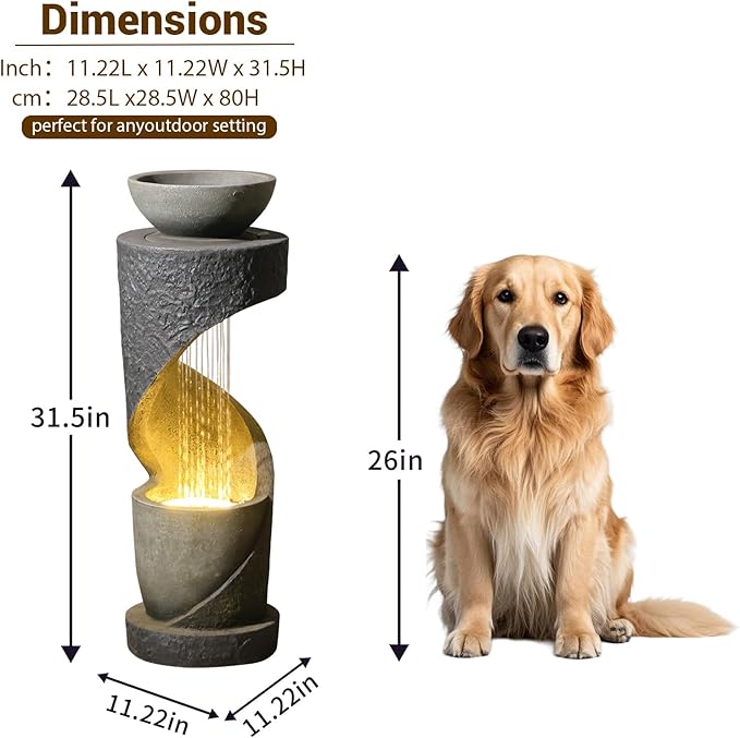 Sunlinua Outdoor Water Fountain with LED Light, Modern Spiral Tiered Outdoor Fountain with Stone Planter Curved Freestanding Waterfall Fountains for Garden Patio Deck Porch