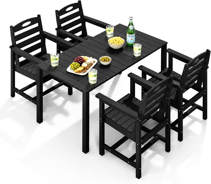 Domi HDPE Outdoor Dining Set, All-Weather 5 Piece Outdoor Dining Table Set with 2" Umbrella Hole, Outdoor Patio Dining Set for Garden, Poolside, Backyard, Deck, Black