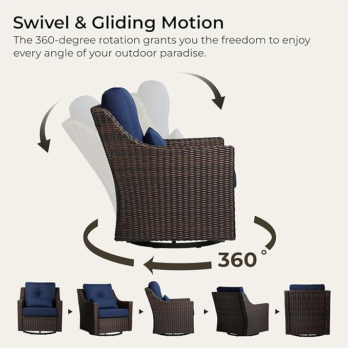 CHITA 6 Pieces Wicker Patio Furniture Set, Outdoor Conversation Set with 2 Pieces Rattan Rocking Swivel Chairs, 2 Pieces Ottomans and 3-Seater Sofa