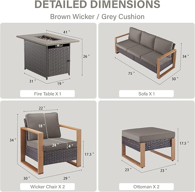 Belord 6 Piece Outdoor Patio Furniture Set with Propane Fire Pit Table, Wicker Patio Conversation Set with2 Patio Wicker Chairs Rattan Sofa and Removable 4" Thick Cushions for Deck Backyard