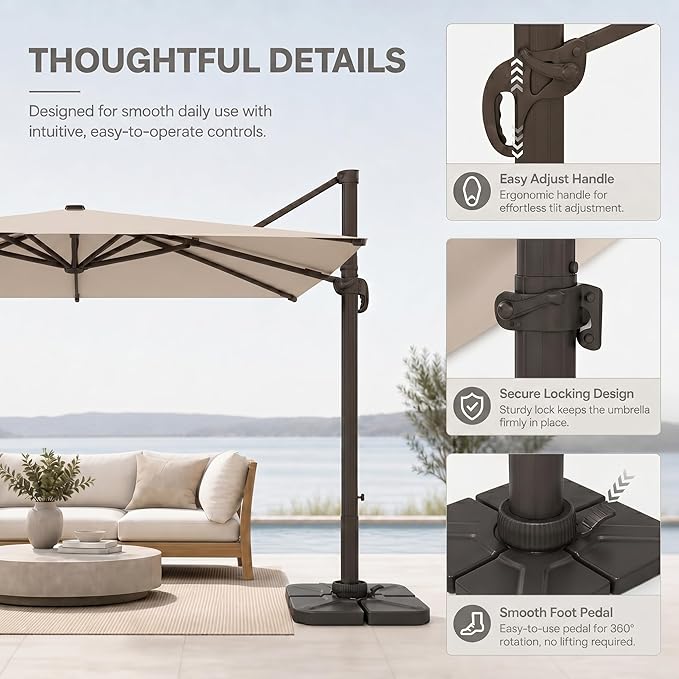 Cantilever Patio Umbrella, Large Square Outdoor Offset Umbrella with Aluminum Pole, 360-degree Rotation for Garden, Deck, Pool