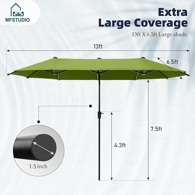 MFSTUDIO 13ft Outdoor Patio Umbrella, Double Sided Large Rectangular Umbrella Market Table Twin Triple Rectangle Umbrellas with Crank Handle for Outside Picnic Backyard Deck Pool (no base)