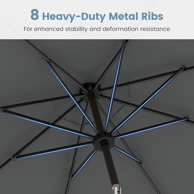Tangkula 10 FT Solar Patio Umbrella, Outdoor Market Table Umbrella with 96 Multi-Colored Flowing LED Lights, 9 Modes, Tilt Adjustment, Crank Handle, 8 Ribs, Vented Top for Backyard Poolside Deck Lawn