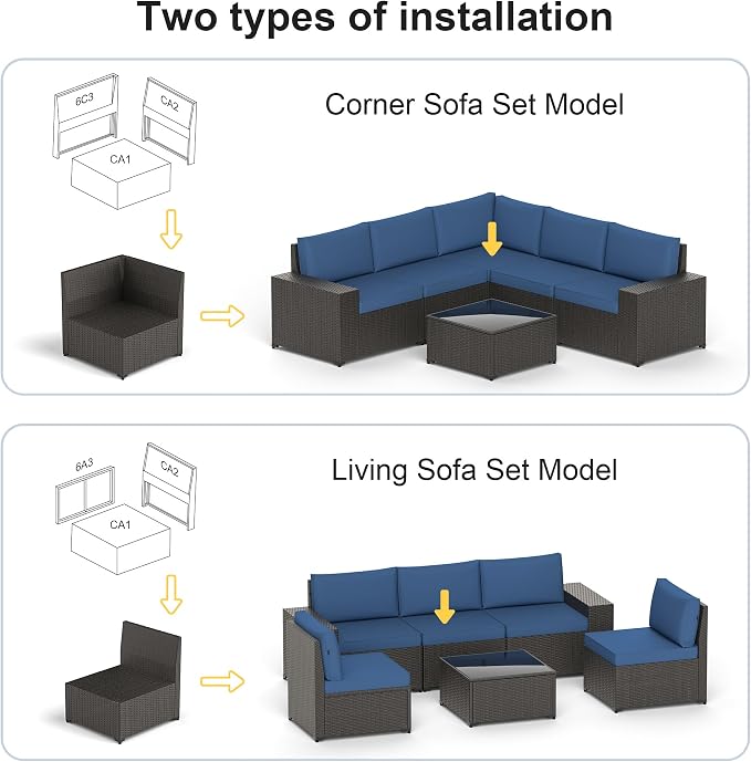 Patio Furniture Set, 6PCS Patio Sectional with Ottoman Wicker Rattan Outdoor Furniture with Thickened Cushion Modular Wicker Patio Conversation Set with Glass Top Table for Balcony, Backyard(Blue)