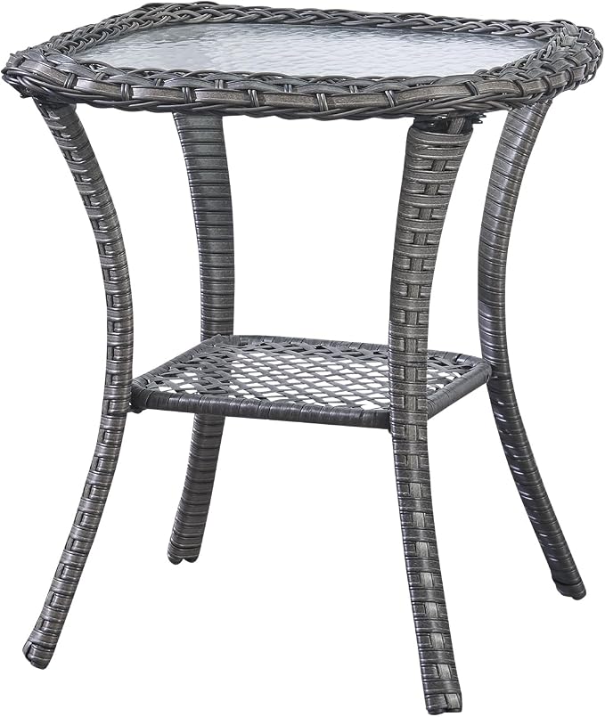 Belord Rattan Patio Side Table, 2 Tier Hand Woven Wicker Bistro Table, 5 mm Frost Glass Top Square Table, Grey Wicker