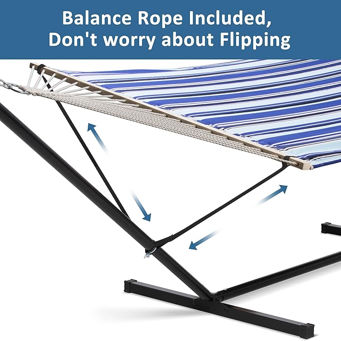 SUNCREAT Two Person Hammock with Stand Heavy Duty, Free Standing Hammocks Outdoors for 2 Person, Max 475lbs Capacity, Blue Stripes