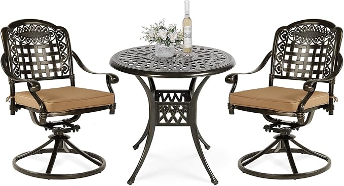 VIVIJASON 3-Piece Patio Bistro Set, Outdoor All-Weather Cast Aluminum Furniture Dining Set, Include 2 Swivel Chairs and 31" Round Table w/Umbrella Hole for Balcony, Lawn, Garden, Antique Bronze