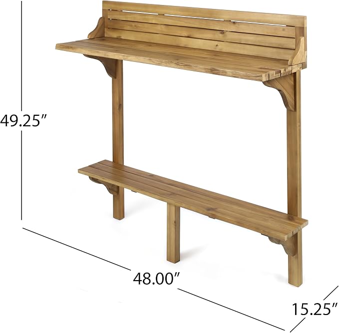 Outdoor Acacia Wood Balcony Bar Table, Rectangle Narrow Counter Outdoor Counter Height Bar Table w/Bottom Shelf, for Balcony, Patio and Small Outside Space