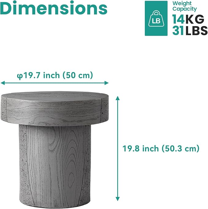 SUNBURY Outdoor Side Table Medium, 20" H Concrete Coffee Table, Lightweight Patio End Table Round, Modern MgO Decorative Dining Table for Patio, Garden, Backyard, Grey