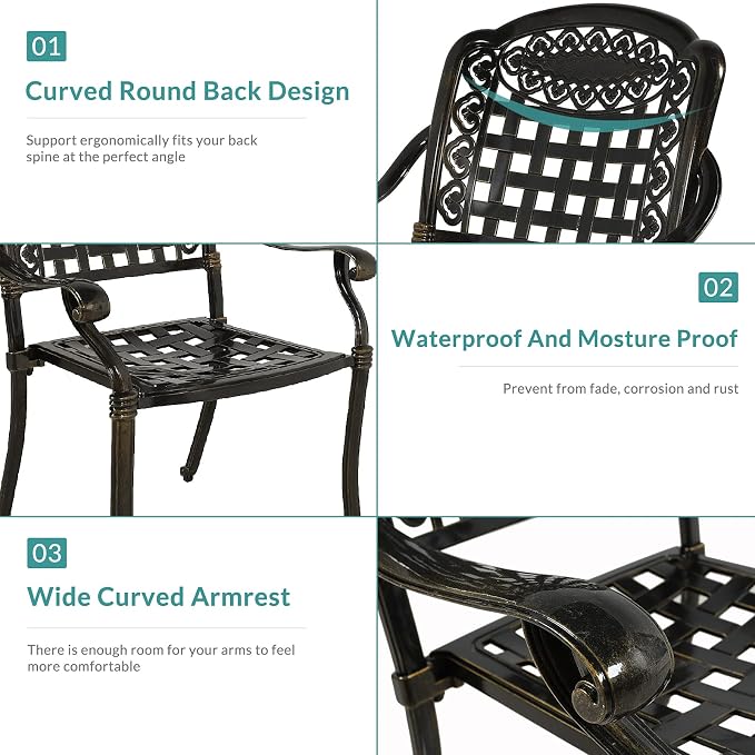 MEETWARM 2 Piece Patio Dining Chairs with Cushions, Outdoor All-Weather Cast Aluminum Chairs, Patio Bistro Dining Chair Set of 2 for Garden Deck Backyard, Dark Bronze