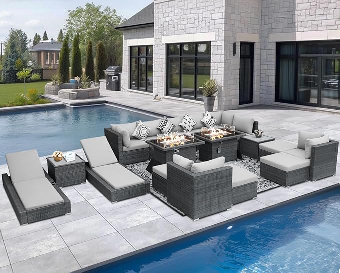 NICESOUL 18 Piece Patio Furniture Set with Fire Pit, Luxury Full Size Patio Sets with Fire and Matching Chaise Loungers, Extra Large 14-Seater Outdoor Seating Sectional Comfy Wide Deep High Back, Grey