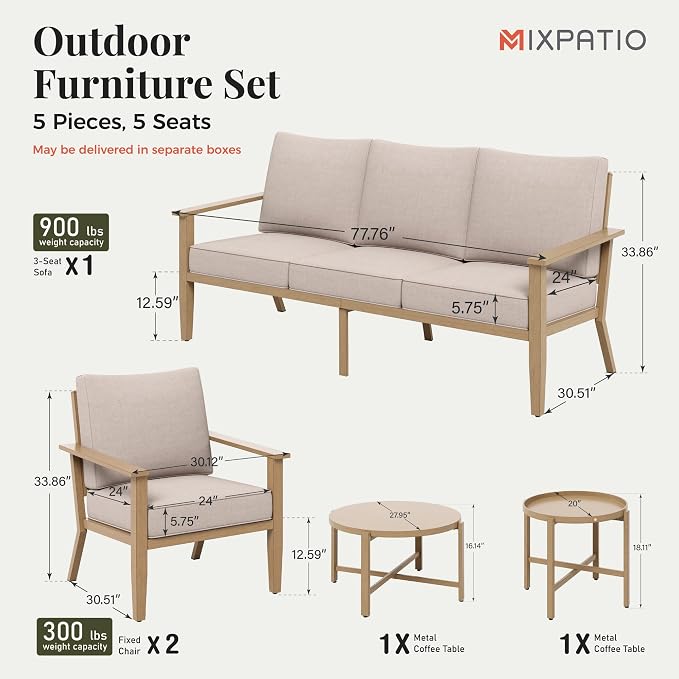 MIXPATIO 5-Piece Outdoor Patio Furniture Set, Steel Sectional Patio Conversation Sets, All-Weather Outdoor Furniture Sets with Waterproof Thick Cushions for Porch, Garden, Backyard, Deck-Beige
