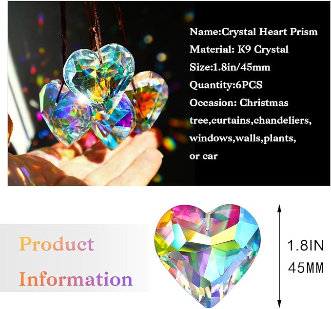 6pcs 50mm Crystal Heart Prism Suncatcher Window Sun Catchers Crystals | Hanging Decorations Rainbow Maker Pendant Glass Ornaments For Christmas Tree Valentine’s Day Birthday Gift For Women Mom