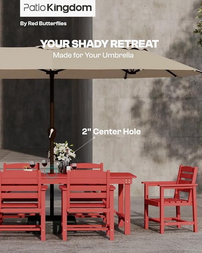 7-Piece Outdoor Dining Set for 6,Red | HDPE table, chairs included, umbrella hole design, weather-resistant furniture, perfect for backyard, deck, garden