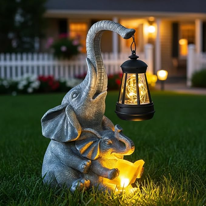Candieslife Solar Garden Statue Lights Loving Elephants Figurine with Solar Lantern, Outdoor Yard Decorations for Patio Porch Home, Housewarming Elephant Gifts for Mom, Women