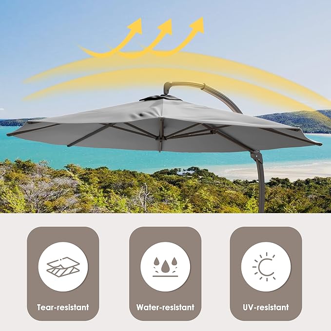 ENSTVER 11FT Cantilever Patio Umbrella With Base Included, Round Large Aluminum Outdoor Cantilever, Heavy Duty Offset Umbrella with 360°Rotation for Pool, Deck, Backyard, Garden(Grey)