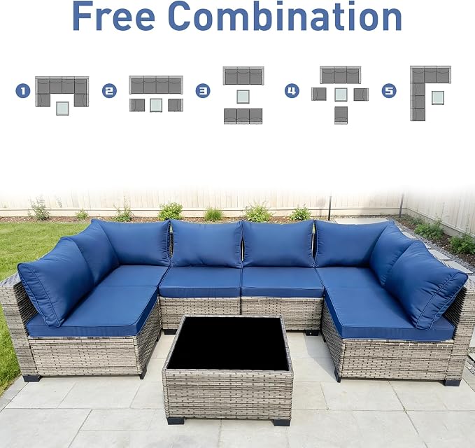 7-Piece Patio Furniture Set, Outdoor Wicker Conversation Sofa Set with Coffee Table & Extra Thick 8.5" Cushions, All-Weather Sectional for Backyard, Porch, Poolside (Navy Blue, 7PCS)