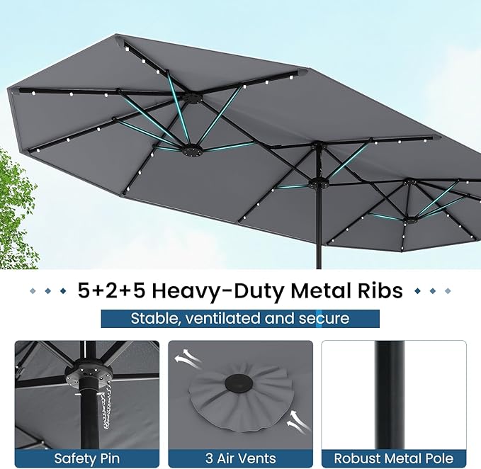 Tangkula 13FT Double-Sided Solar Patio Umbrella, Extra-Large Outdoor Twin Umbrella with 36 LED Lights, Vented Top, Crank Handle, 12 Ribs, Weighted Base Included for Backyard Poolside Deck (Gray)