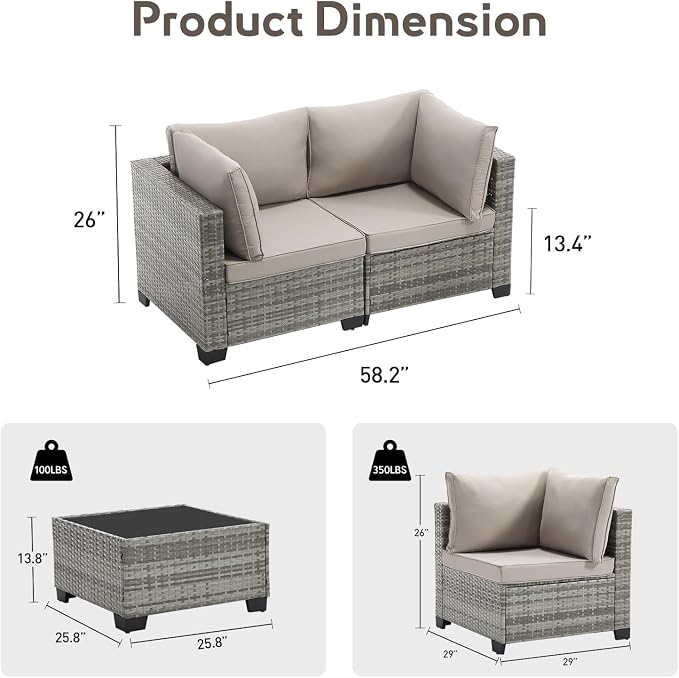 Bonzy Home 3 Pieces Outdoor Patio Furniture Set, PE Rattan Outdoor Sectional Furniture Sofa Set with Removable Cover and Glass Coffee Table, Patio Sofa for Balcony, Porch, Garden, (Grey-Grey)