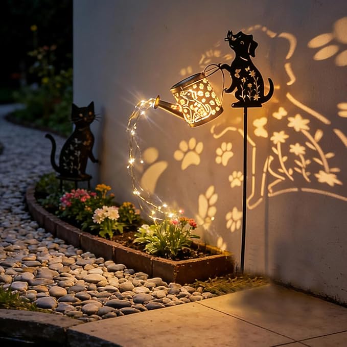 Solar Watering Can with Light, Outdoor Garden Decoration, Featuring A Metal Dog Statue Garden Stake; Makes A Great Gift for Women, for Outdoor Landscaping, Lawns, and Pathway