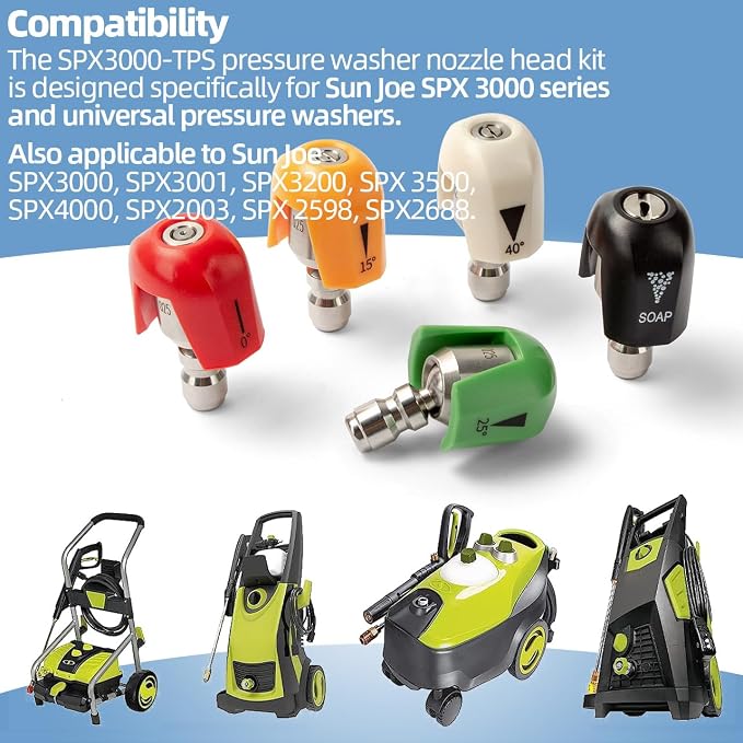 SPX3000-TPS Quick Connect Power Pressure Washer Spray Tips Compatible with Sun Joe SPX 3000 Series & Universal Pressure Washers Nozzle Set (0°, 15°, 25°, 40°, Soap), Upgraded Version 360° Rotation