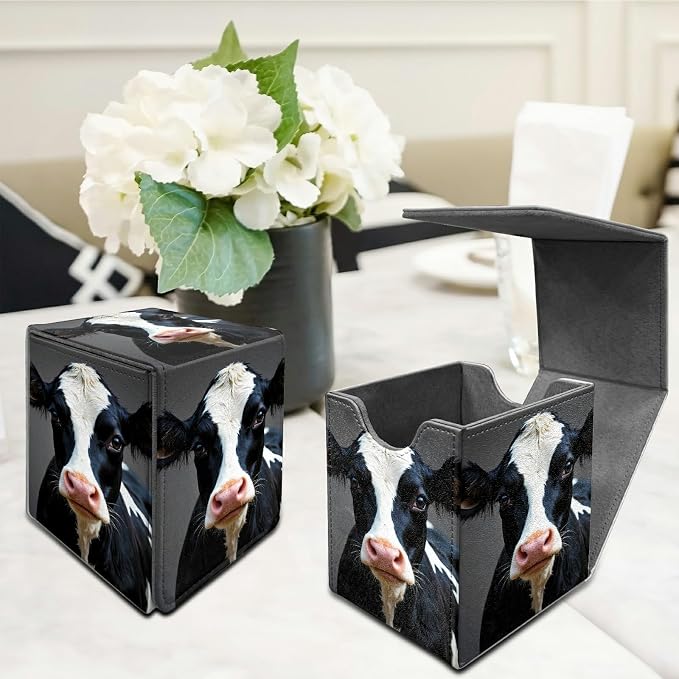Black White Cow Card Deck Box for MTG, Personalized Card Storage Case Fits 120+ Sleeved Cards, Premium Leather TCG Box with Strong Magnetic Closure for Magic, CCG, PTCG, Baseball Cards