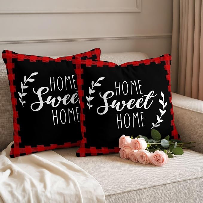 Home Sweet Home Waterproof Outdoor Pillow Covers Set of 2 Home Decor, Leaves Red Buffalo Plaid Pillowcase Patio Pillow Covers for Couch Bench Patio Furniture Garden 26x26in