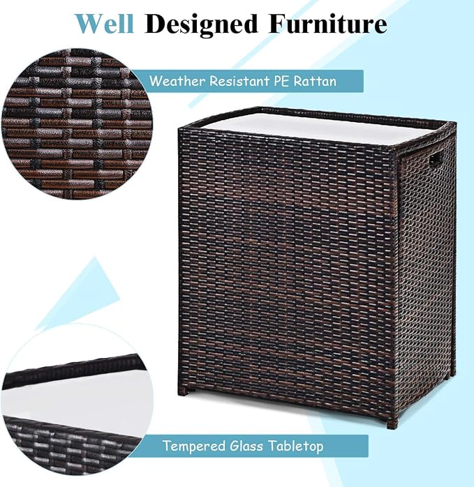 Tangkula 3 Piece Outdoor Rattan Dining Set, No Assembly Patio Bistro Set with Tempered Glass Table, Space Saving Patio Wicker Cushioned Chair Furniture Set for Courtyard, Balcony, Garden (Brown)